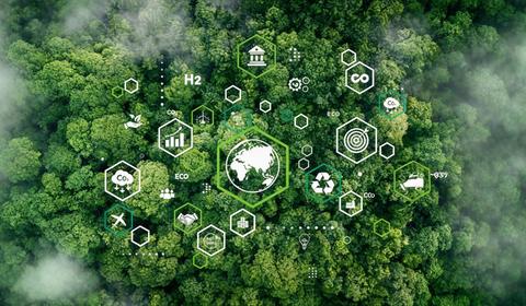 fundo de floresta com ícones sobre sustentabilidade na frente