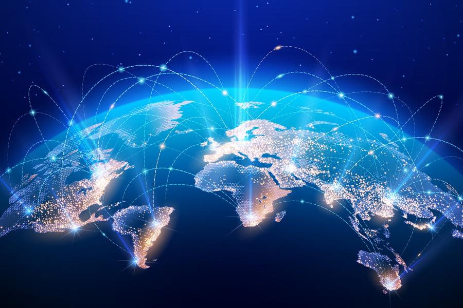 Ilustração de globo terrestre com linhas e pontos ligando os países