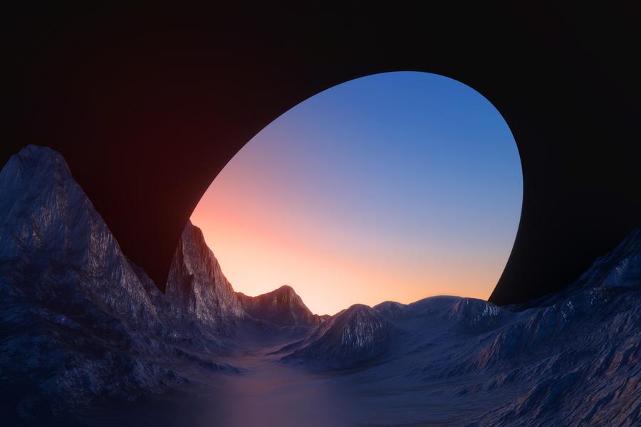 imagem de dentro de uma caverna, com ângulo virado para a saída, focando em uma paisagem com montanhas e céu crepuscular