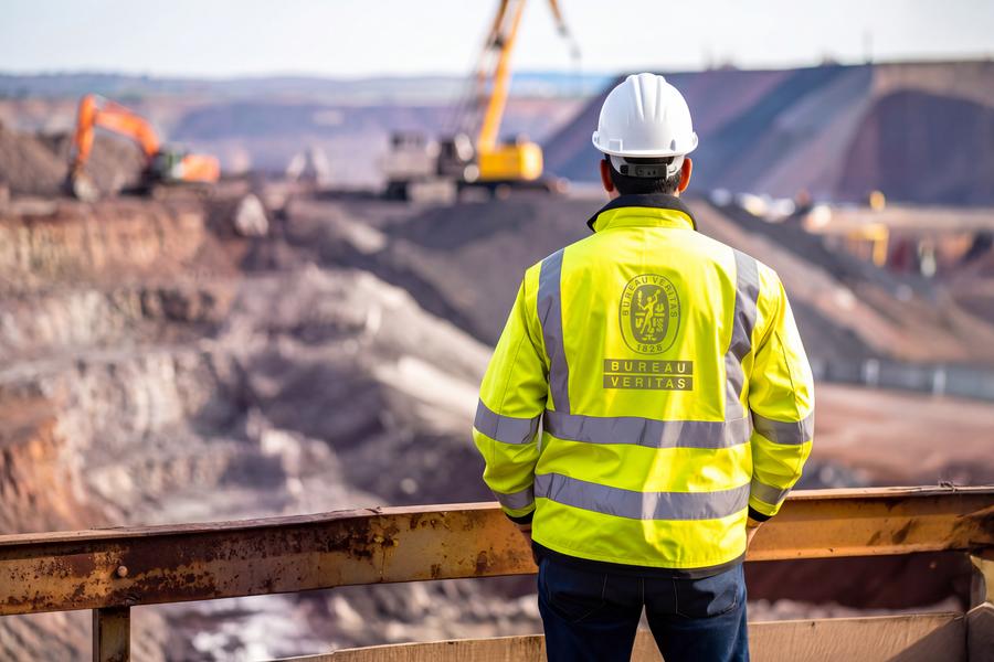 Engenheiro de costas com colete amarelo com logo do BV em campo de obras